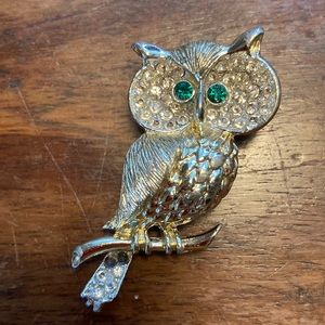 Owl Brooch Pin with Green Eyes
